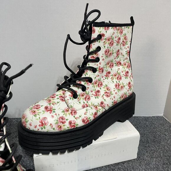 Floral Combat Boots Womens Size 7 White Pink Platform Lace Up Ankle Chunky - Picture 2 of 8